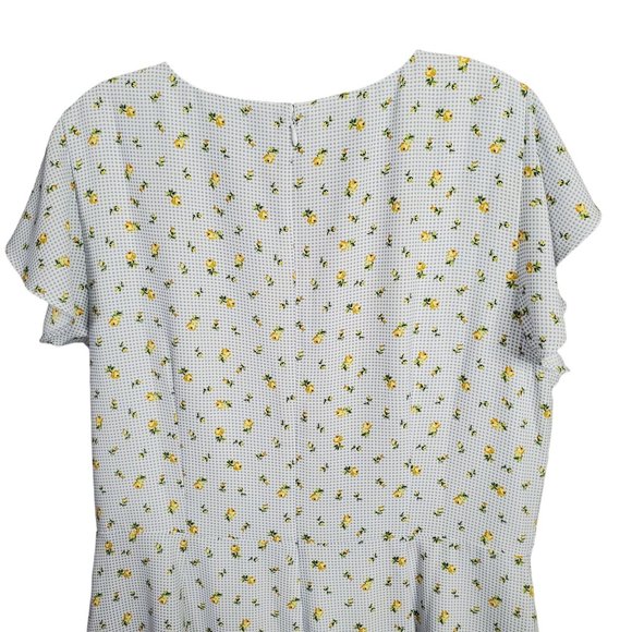 Loft Size 14 Dress Long Gingham Floral Flutter Sleeve Faux Wrap Ruffle Hem Lined - Picture 10 of 15